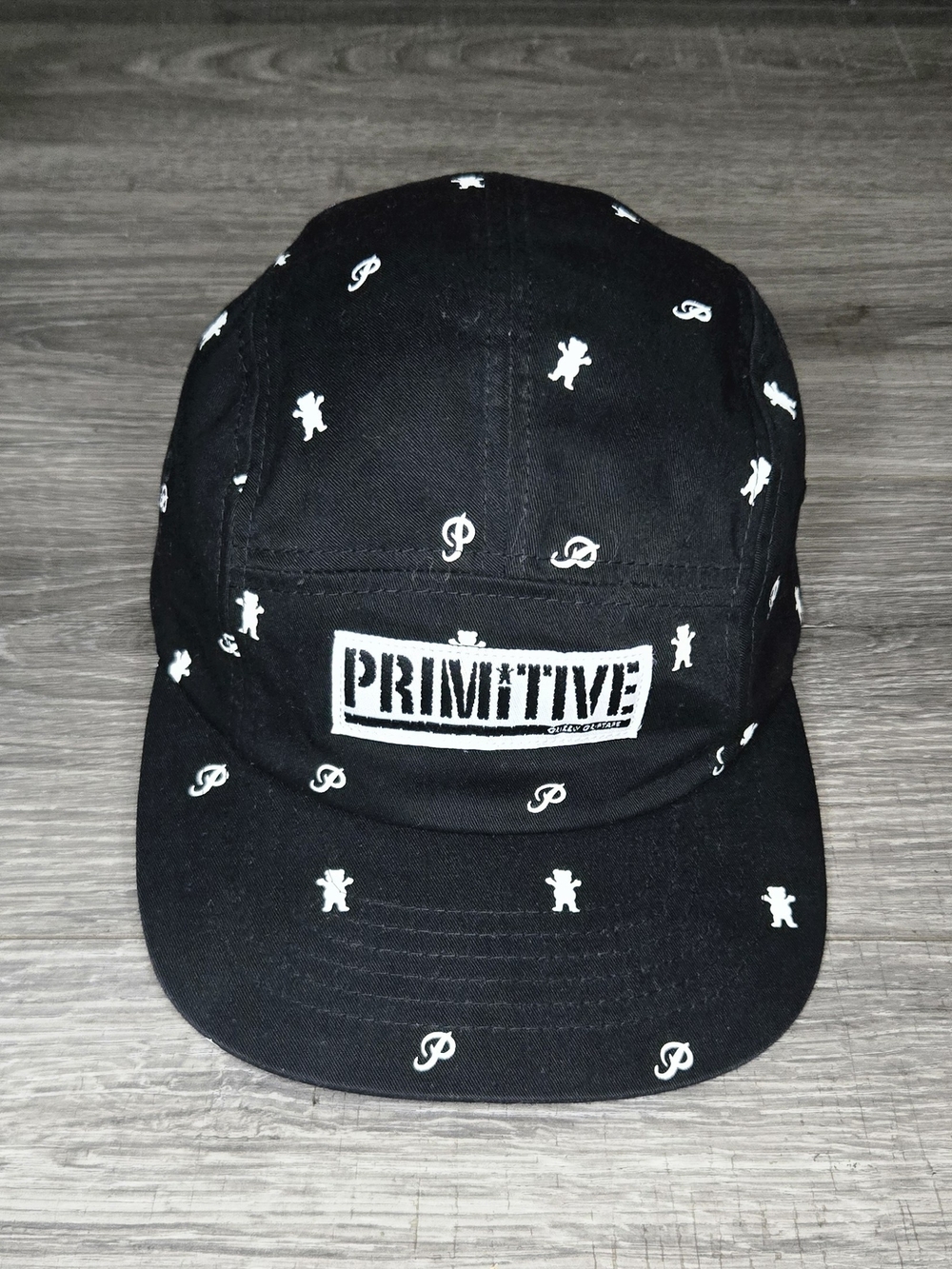 Primitive Apparel x Grizzly 5 Panel Hat Black All Over Print Skate Strapback OS.
